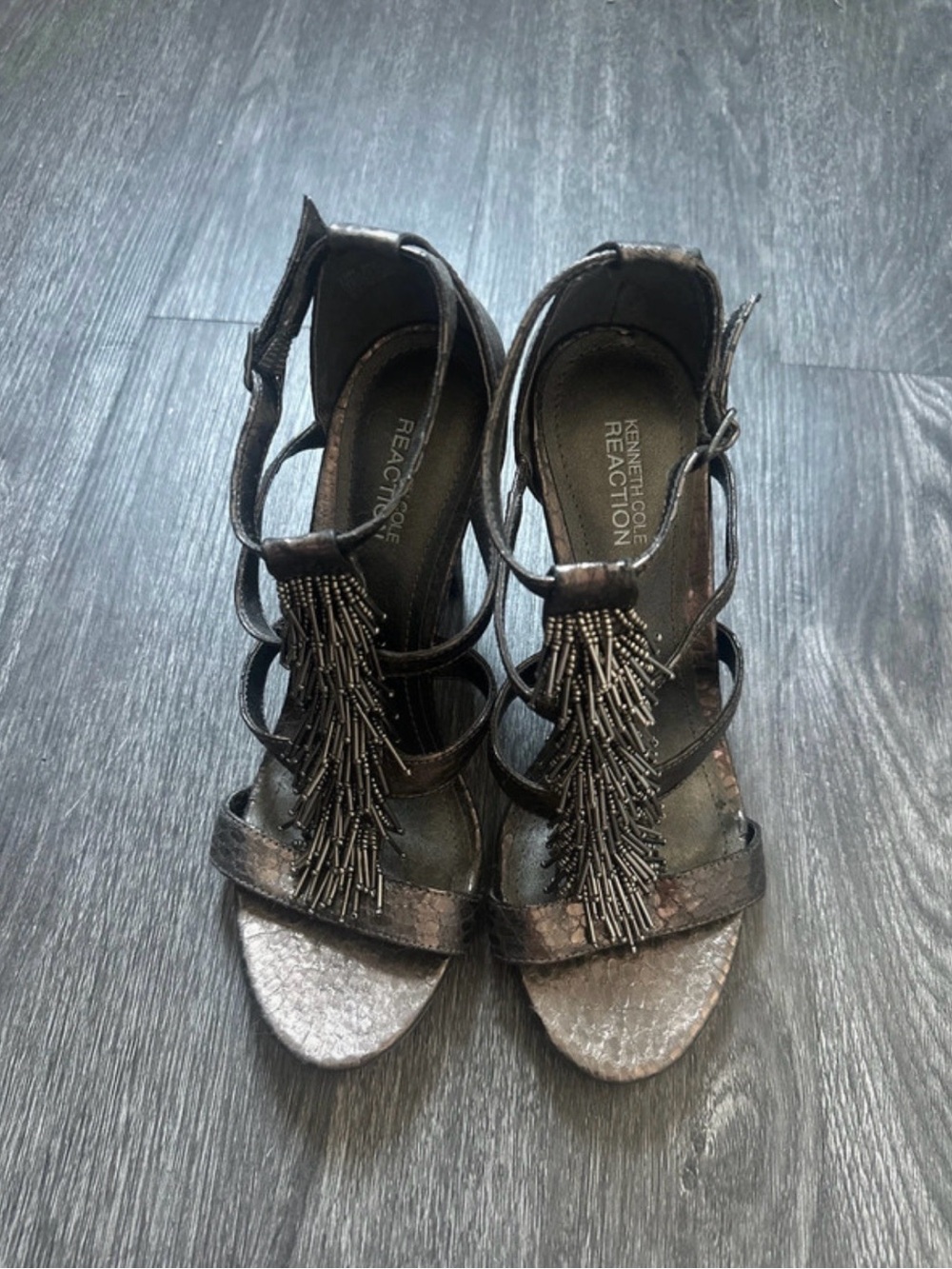 Kenneth Cole Reaction Metallic Gunmetal Beaded T-Strap Heels